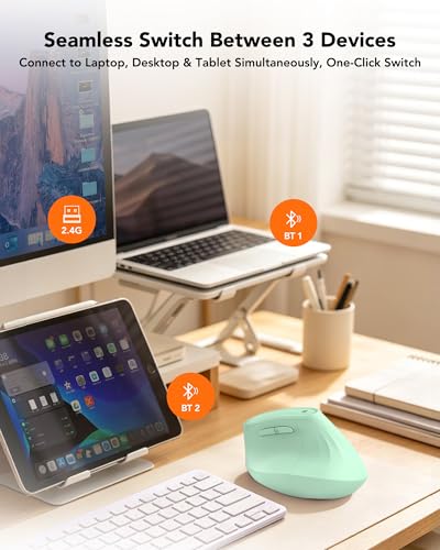 KYSONA Ergonomic Mouse Wireless, Bluetooth Vertical Mouse, 5-Level Adjustable DPI, 2.4G Silent Switch Mice for Windows, MacOS, IPadOS, Laptop, PC, Green - color: Green