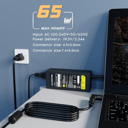 Fancy Buying 65W Charger Ac Adapter for Dell Laptop Charger Compatible with Latitude Vostro Inspiron15 Charger HA65NS5-00 Supply Cord 2 in 1 Round Tip Replacement (4.5x3.0mm and 7.4x5.0mm)