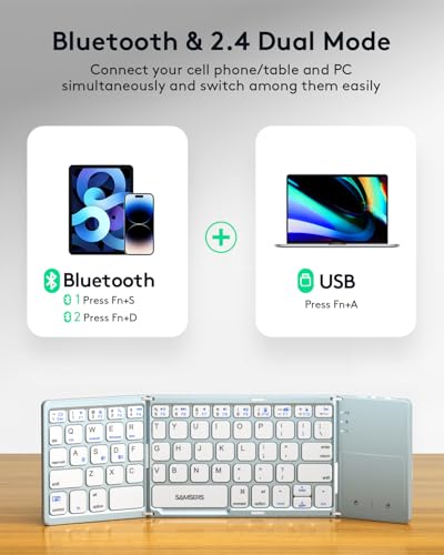 Samsers Foldable Bluetooth Keyboard with Touchpad, Ultra Slim Compact, Blue | Multi-touch Trackpad, Full Size, Phone Holder, USB-C Charging, 3 Device, for Android Windows iOS Mac OS, Mobile Productivity - color: Sky Blue, size: 3-Device