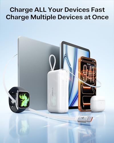 TORRAS EasyGO Lite 10000mAh Power Bank, 35W 3-in-1 Portable Charger | Built-in 2.3ft Retractable USB-C Cable and Wall Plug, Travel for iPhone 17/16/15 Pro Max, Samsung, iPad and MacBook Air