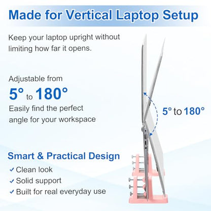 PATIKIL 2-in-1 Vertical Laptop Stand, 4 Pcs Adjustable ABS Notebook Holder Space-Saving Vertical Stand Notebook Dock with Non-Slip Rubber for Home Office Desktop Storage Keyboard, Pink - color: Pink