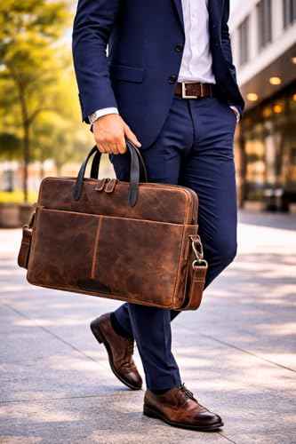 KomalC Leather Laptop Sleeve 15.5" with Trolley Strap, Fits up to 16" Laptop, Slim Office Bag with Shoulder Strap - color: Hunter