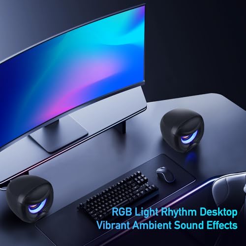 Elimavi USB Computer Speakers, 3.5mm Aux Speaker and USB Powered Interface are Suitable for Desktop Laptop Monitor, Owl Eye Design, Includes a USB-C Adapter, Blue Lights - style: Blue light