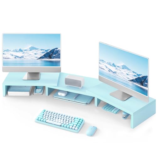 TAVR Dual Monitor Stand Riser, Wooden Computer Monitor Stand for 2 Monitors | Extra Long Multifunctional Desktop Organizer Riser for TV, PC Monitor, Laptop, Printer, Max 43.3" Length, Blue - color: Blue