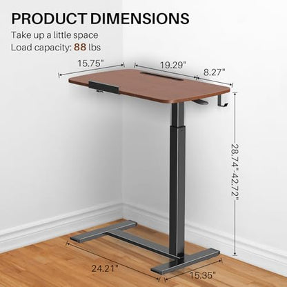 Overbed Table with Wheels, Pneumatic Height and Tilting Desktop | Top Tilts 0-60° with Anti-Slip Stops, Hook, Capacity 66 lbs, 1.18 in Low-Profile Base Slides Easily Under Beds and Sofa - color: Brown
