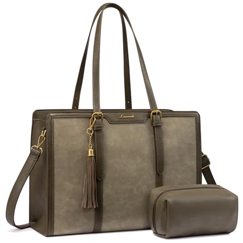 LOVEVOOK Laptop Bag for Women Vintage Leather Work Tote 15.6 inch Large Capacity Computer Bag with Clutch Purse for Teacher,Office,Casual - color: Green, size: 15.6 inch
