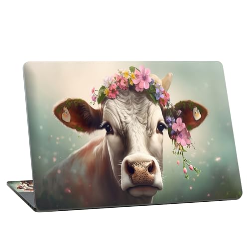 Universal Laptop Skin Sticker with 2 Wrist Pad Skins, Waterproof Scratch Resistant Vinyl Laptop Cover Decal, Cut to Fit for 11–15.6 Inch MacBook HP Dell Lenovo, Cow with Flower - color: Cow with Flower