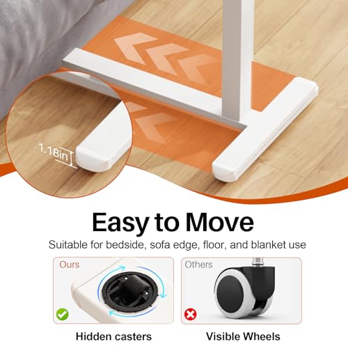 Overbed Table with Wheels, Pneumatic Height and Tilting Desktop | Top Tilts 0-60° with Anti-Slip Stops, Hook, Capacity 66 lbs, 1.18 in Low-Profile Base Slides Easily Under Beds and Sofa - color: White