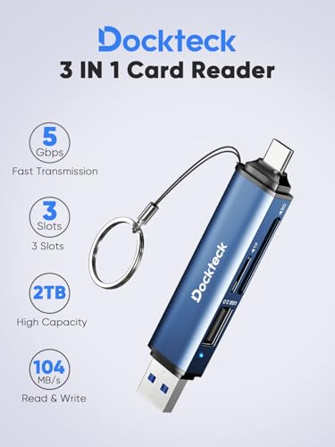 Dockteck SD Card Reader Adapter, 5G Super Speed USB3.0 SD/TF Card Reader, 3-Slot USB A/C to SD/Micro SD/USB A Memory Card Reader for UHS-I SD/Micro SD/SDHC/SDXC/MMC, with OTG for Plug&Play - color: Blue