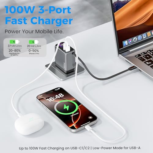 100W GaN USB C Retractable Charger with Smart Display, Compact 3-Port Fast Charging Wall Adapter with Foldable Plug, for MacBook Pro/Air, iPhone 17/16, Galaxy S26, iPad