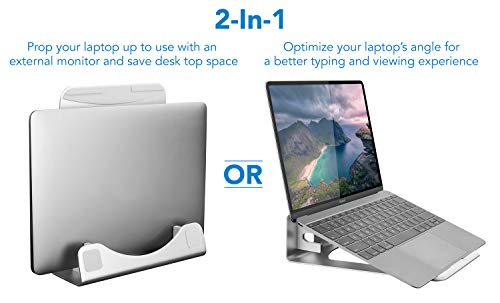 Mount-It! Vertical Laptop Stand for Desk, 2-in-1 Aluminum Laptop Holder & Angled Riser for 11–15 Inch Laptops, Space-Saving Laptop Dock for External Monitor Setup, Silver