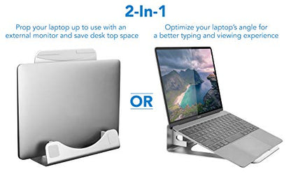 Mount-It! Vertical Laptop Stand for Desk, 2-in-1 Aluminum Laptop Holder & Angled Riser for 11–15 Inch Laptops, Space-Saving Laptop Dock for External Monitor Setup, Silver
