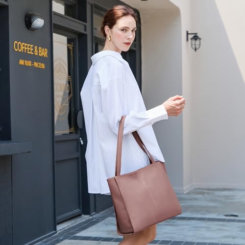befen Genuine Leather Tote Bag for Women Work Travel Leather Purse Handbags | Real Leather, Padded 14" Laptop Compartment, Multi-Pockets, Zipper, Tote Bag for Daily - color: Pink