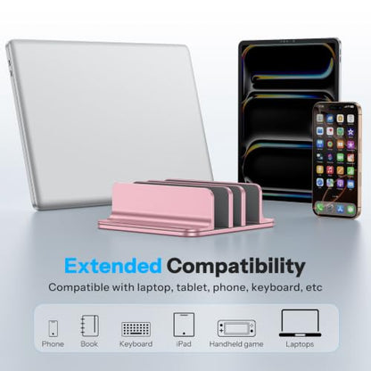 OMOTON 3-Slot Multiple Vertical Laptop Stand, Fits MacBook, Rosegold | Adjustable Width 0-1.38", Aluminum Office Space-Saving for Desk, Fits MacBook/Book/iPad Up to 17.3in - color: Three solt，RoseGold