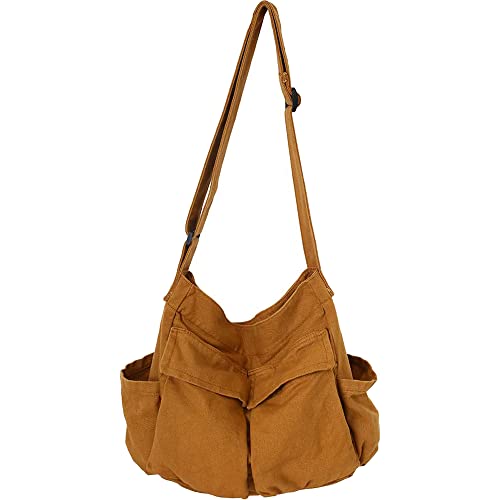 Canvas Messenger Bag Large Hobo Crossbody Bag with Multiple Pockets Casual Shoulder Tote Bag for Women and Men - color: Brown