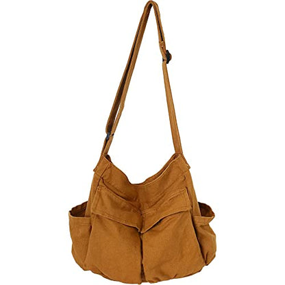 Canvas Messenger Bag Large Hobo Crossbody Bag with Multiple Pockets Casual Shoulder Tote Bag for Women and Men - color: Brown