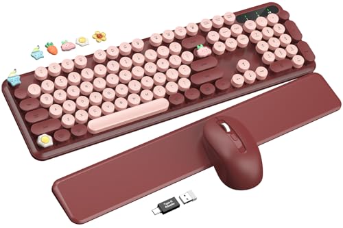Wireless Keyboard and Mouse Combo - Cute Typewriter Keyboard with Detachable Wrist Rest, Retro Round Keycaps, Foldable Legs, 2.4GHz Full-Size Keyboard for PC, Laptop, Windows - Trueque (Wine Red) - color: Wine Red