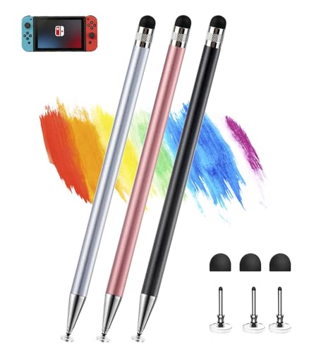 Kenkor Stylus(3pcs),2-in-1 Stylus Pen for Touch Screen, Stylus Pen for iPad | No Charging,Compatible with Apple(iPhone/iPad)/Nintendo Switch/Samsung/Google/Microsoft/Android Tablets Touch Screens Devices - color: Black+Pink+Silver