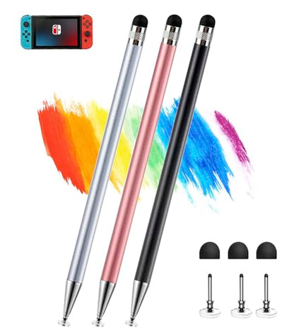 Kenkor Stylus(3pcs),2-in-1 Stylus Pen for Touch Screen, Stylus Pen for iPad | No Charging,Compatible with Apple(iPhone/iPad)/Nintendo Switch/Samsung/Google/Microsoft/Android Tablets Touch Screens Devices - color: Black+Pink+Silver