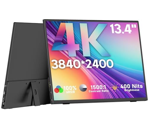 4K Portable Monitor, 13.4" 3840 * 2400 IPS Portable Monitor for Laptop, Slim Lightweight HDR Travel Screen USB-C HDMI w/Smart Cover for Laptop PS5/4 Xbox - color: pitch-black