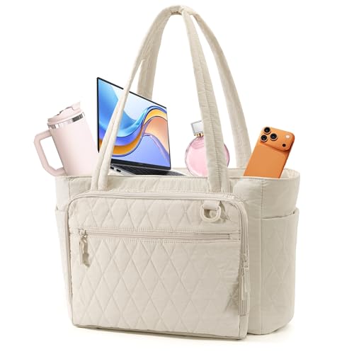 Yarwo Puffy Tote Bag for Women with Accordion File Pocket & Laptop Sleeve | Lightweight Quilted Teacher Nurse Shoulder Bag, 15.6 in Laptop Work Handbag, Cup Holder, for Daily, Travel, Gym - color: Beige