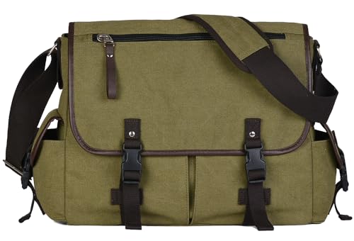 15.6 Inch Laptop Messenger Bag for Men Women, Canvas Computer Shoulder Bag, Work Briefcase for Business College Travel | Anti-theft Design - color: Green