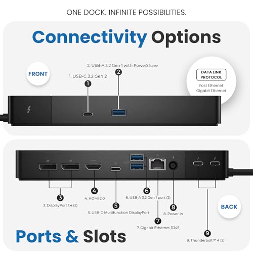 Dell WD22TB4 Thunderbolt 4 Dock 180W - 40Gbps, 3-Year Warranty, USB-C/USB-A Dell Docking Station with 180W Adapter + Techtray Cables & Cloth - Supports Dual/Triple Monitor & 4K Displays (New)