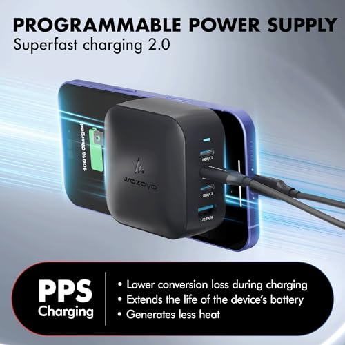 100W GaN Charger, Wozoyo 3XType-C & USB-A Superfast 2.0 Charging, Compatible for iPhone 17/16/16 Pro Max/15 Series/iPad Pro, Smartphones, Tablets and More, PD/PPS/QC 3.0,Compact Foldable Plug