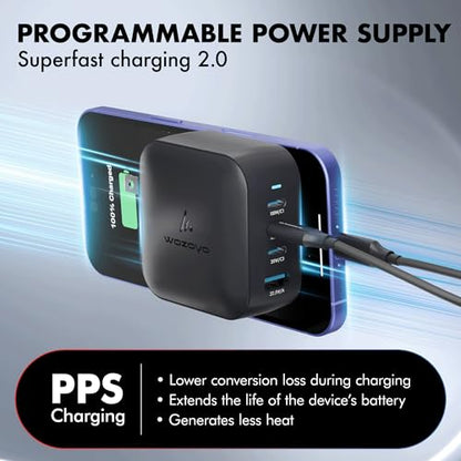 100W GaN Charger, Wozoyo 3XType-C & USB-A Superfast 2.0 Charging, Compatible for iPhone 17/16/16 Pro Max/15 Series/iPad Pro, Smartphones, Tablets and More, PD/PPS/QC 3.0,Compact Foldable Plug