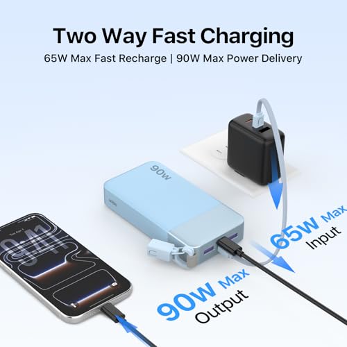 NOBIS Portable Charger 20000mAh 90W Power Bank w/Detachable Cable | 2C+2A USB-C Fast Charging Battery Pack with LED Display,Battery Bank for Laptops, Tablets, Phones and Steam Deck - color: Blue