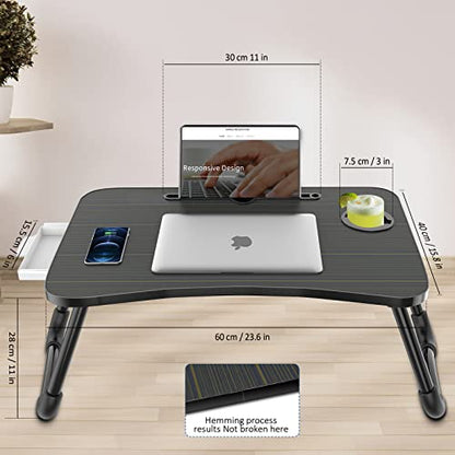 Zapuno Foldable Laptop Bed Table Multi-Function Lap Serving Tray Dining Table with Storage Drawer and Water Bottle Holder, Slot for Eating, Working on Couch/Sofa (Arc Shape) - color: Black