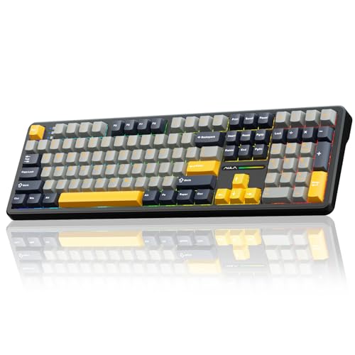 AULA F108 Wireless Mechanical Keyboard, BT5.0/USB-C/2.4GHz Hot Swappable Custom Gaming Keyboards, PBT Keycaps, Pre-lubed Switches, RGB Backlit Full Size Creamy Keyboard with Number Pad, 108 Keys - color: No Knob-Gray&Yellow