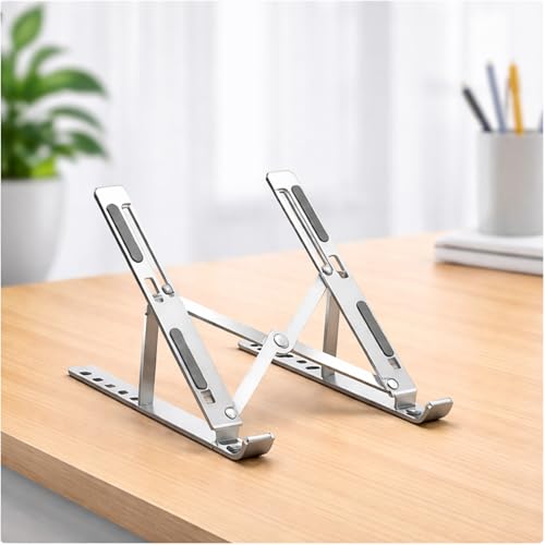 Portable Foldable Laptop Stand, Aluminum Alloy Adjustable Height Laptop Riser for Desk, Ergonomic Laptop Holder with Carry Pouch, Compatible with 16-18 Inch Laptops