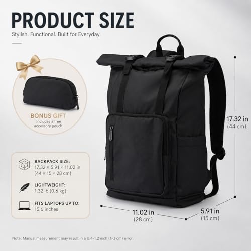 Roll Top Laptop Backpacks for Men & Women, Anti-Theft Travel Backpack Fits 15.6-17.3 Inch Laptop, Water-Resistant Durable Computer Bag for Work, College & Daily Commute (Black) - color: Black