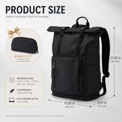 Roll Top Laptop Backpacks for Men & Women, Anti-Theft Travel Backpack Fits 15.6-17.3 Inch Laptop, Water-Resistant Durable Computer Bag for Work, College & Daily Commute (Black) - color: Black