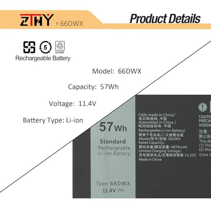 66DWX WW8N8 Laptop Battery for Dell Latitude 7640 7650 7440 7450 7340 7350 | P126F P126F001 P175G P175G001 P176G P176G001 P178G001 P179G P179G001 86D0Y FH97R 0HYH8 0CTJJ6 76KVG 599M7 11.4V 57Wh 3-Cell - size: 10.43*3.19*0.24inch 66DWX