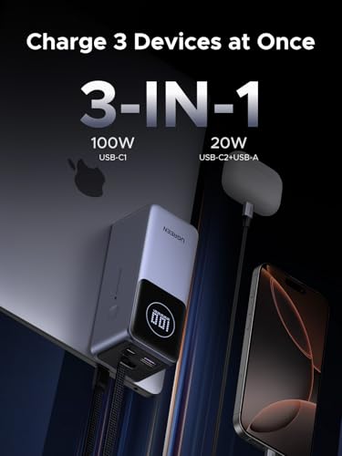 UGREEN Nexode 20000mAh 130W Built-in USB-C Cable Power Bank for iPhone 17 | 80W input recharge. Fast charges MacBook, iPad Pro, S25 Ultra, Dell, HP. 3-port output.
