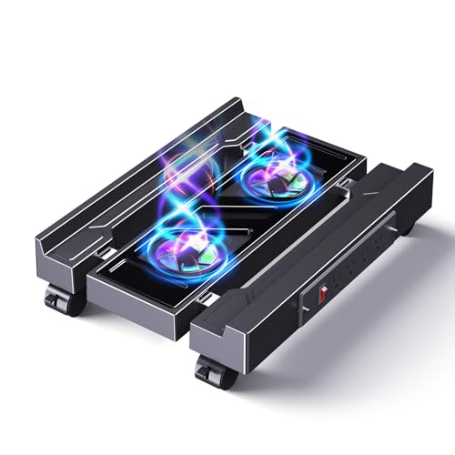 Computer Tower Stand with Charging Station, Cooler Fan and Light, Adjustable PC Stand for Floor, Mobile CPU Stand with 4 Caster Wheels, Under Desk CPU Holder Fits Most PC Tower - style: Socket + Fan