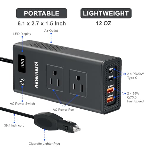 200W Portable 12V to 110v Car Charger Power Inverters for Vehicles | 36W USB-A, Fast Charging USB-C, Dual AC Outlets, Cigarette Lighter Adapter for Laptop/Camping/Road trip essentials