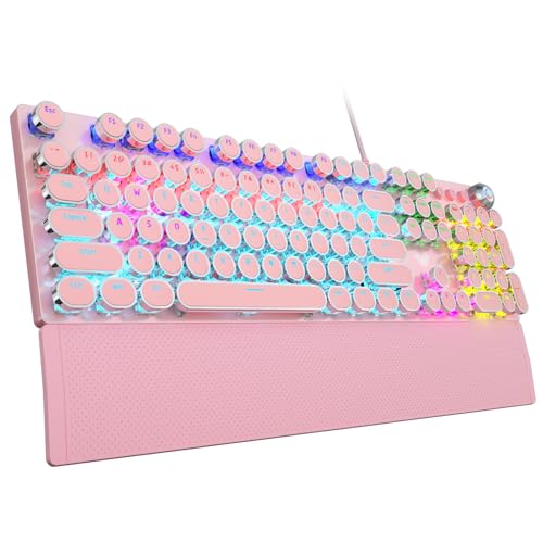 AULA F2088 Typewriter Mechanical Keyboard, Pink Retro Wired Gaming Keyboard with Blue Switches, Rainbow Backlit, Round Keycaps, Media Knob & Removable Wrist Rest - color: Pink | Clicky Blue Switches