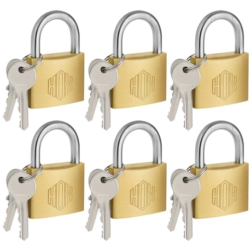 HOX 6-Pack Keyed Padlock, Waterproof and Rustproof, 40mm Solid Brass Lock with 1-1/4" Wide Body, Padlock with Keys for Storage Unit, Sheds, Garages and Fence - size: 40mm-6Pack