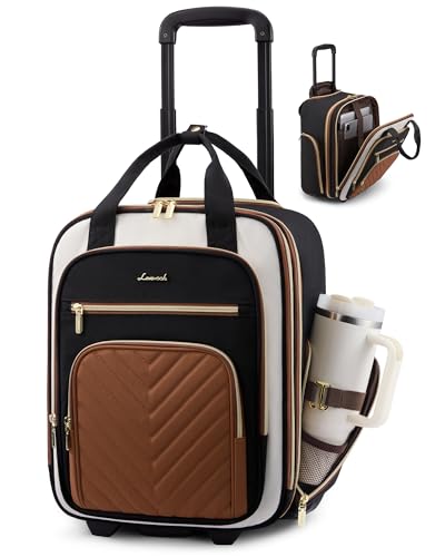 LOVEVOOK Underseat Carry On Luggage with Wheels, Stylish Under Seat Luggage with Giant Tumbler Holder Pocket, Soft Sided Small Suitcase for Travel, Work - color: Black-White-Chestnut