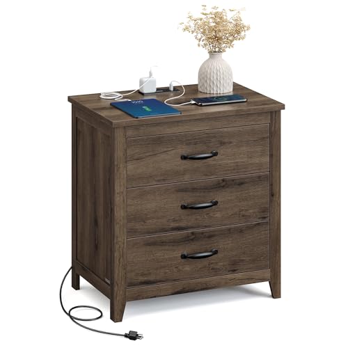 VASAGLE LIRY Collection - Farmhouse Nightstand with Charging Station, Bedside Table, Side End Table with 3 Drawers, for Bedroom, Taupe Brown ULET679T01 - color: Taupe Brown, size: 1 PACK, style: 23.6"W x 24.8"H With 3 Drawers