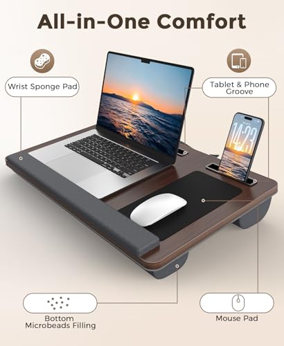 Lap Desk 2-Pack - Up to 17” Laptop with Wrist Rest, Portable Handle, 2 Self-Adhesive PVC Mouse Pads, Tablet & Phone Slots, Laptop Stand for Bed with Cushion