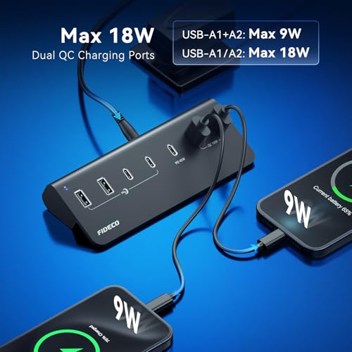 FIDECO 7-Port 72W Powered USB Hub, USB C Hub with 1 PD 45W, 2 QC 3.0 Charging Ports, and 4 USB 3.2 Ports (2 USB-A + 2 USB-C), Aluminum 10Gbps USB Hub for Laptop, PC, MacBook, iPhone 17/16/15, Black