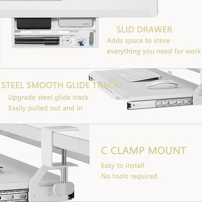 ETHU Under Desk Keyboard Tray - Small Slide Out Keyboard Shelf with C Clamp Mount, 19.7" x 11.8" Ergonomic Pull Out Tray for Home Office Desk, White - color: White, size: Small