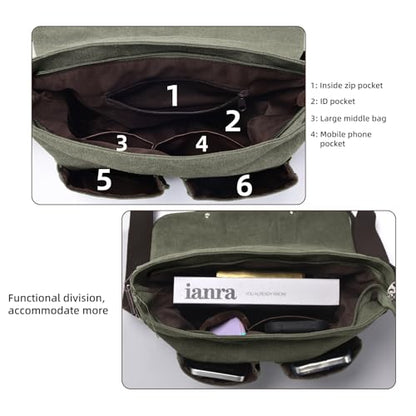 Messenger Bag for men Laptop Bag UnisexRetro Canvas Bag14-15.6 inches Casual single shoulder bag For Work College Travel - color: S-army Green