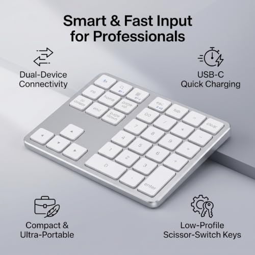 Wireless Number Pad, 35 Key Quiet Scissor Switch, Ultra Light Compact, Bluetooth 2.4G Dual Mode, Rechargeable, for Laptop PC Desktop (White) - color: White