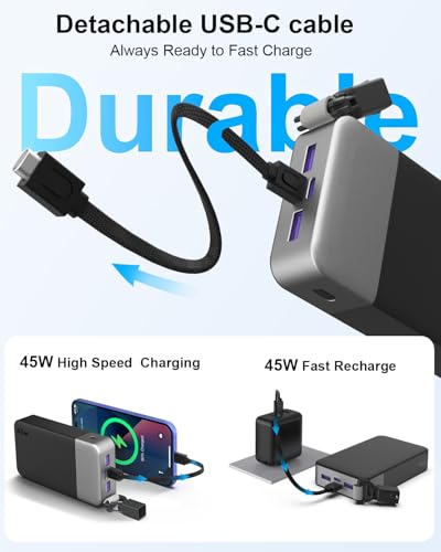 NOBIS Portable Charger 20000mAh 45W Power Bank with Detachable C-Cable | Battery Pack w/2 USB-C(In/Out) & 2 USB-A, Digital Display,Small Current Mode, Battery Bank Travel for Pad,Phone 17 Steam Deck