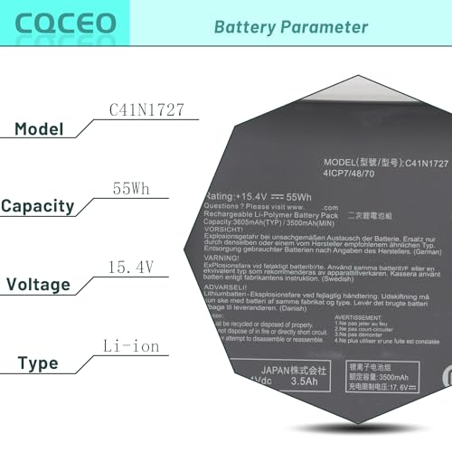 C41N1727 Laptop Battery for Asus Zephyrus GM501 GM501G GM501GM GM501GS ROG | GU501 GU501GM GU501GM-BI7N8 Series 0B200-02900000 4ICP7/48/70 15.4V/55Wh/3605mAh/4-cell
